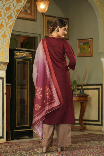 Maroon Mono Viscose Festive Wear Embroidered Straight Kurta Pant Dupatta Set