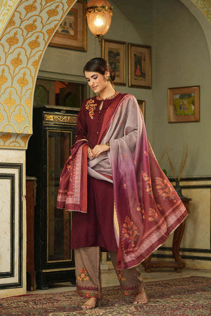 Maroon Mono Viscose Festive Wear Embroidered Straight Kurta Pant Dupatta Set