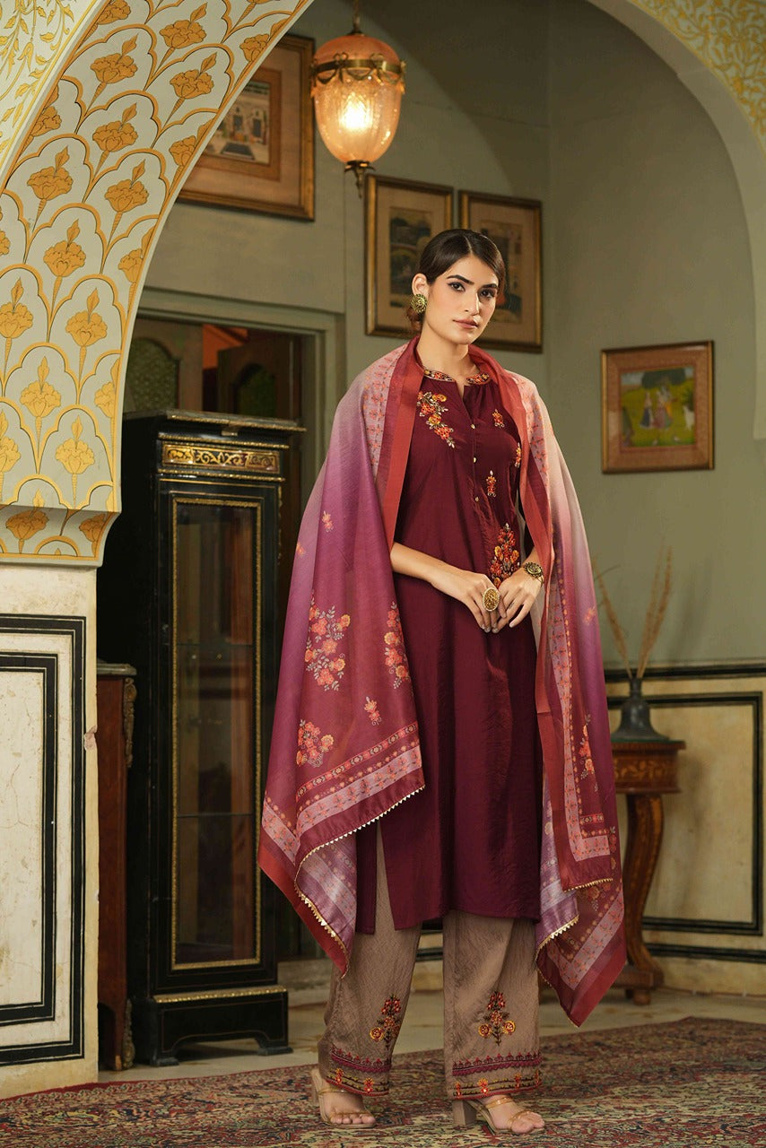 Maroon Mono Viscose Festive Wear Embroidered Straight Kurta Pant Dupatta Set