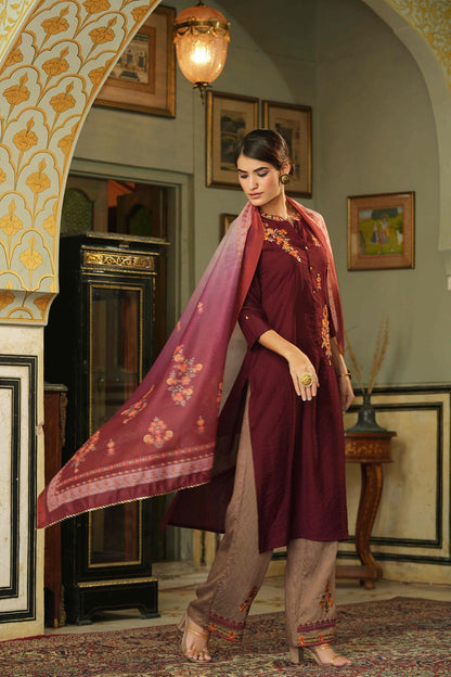 Maroon Mono Viscose Festive Wear Embroidered Straight Kurta Pant Dupatta Set
