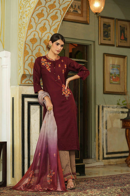 Maroon Mono Viscose Festive Wear Embroidered Straight Kurta Pant Dupatta Set