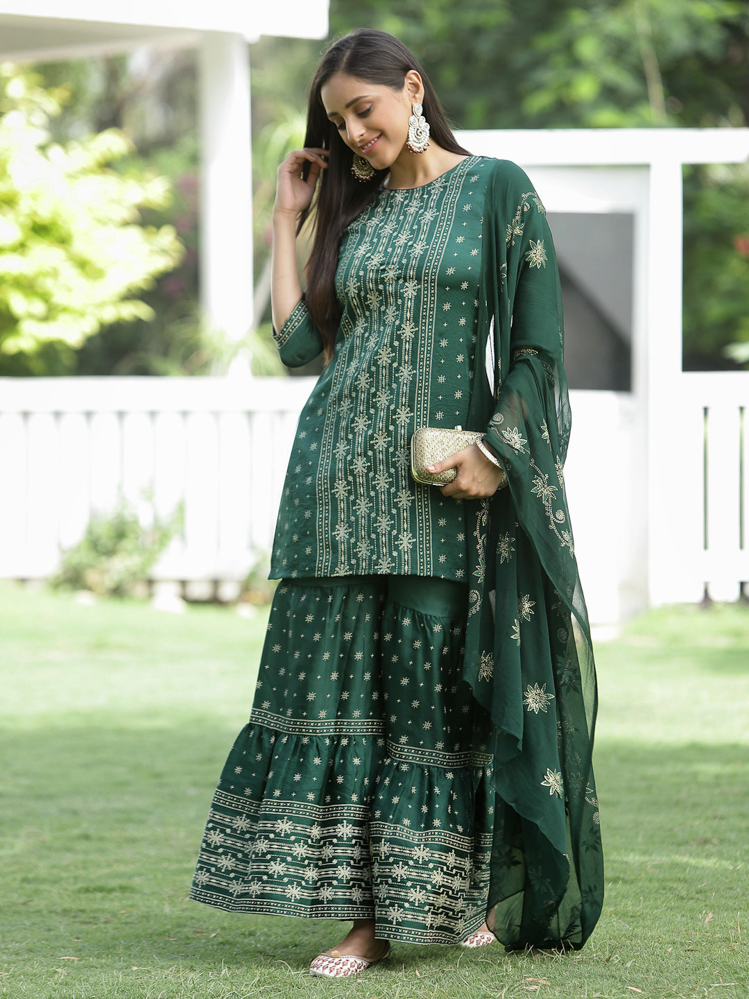 Green Mono Viscose Festive Wear Printed Straight Kurta Sharara Dupatta Set