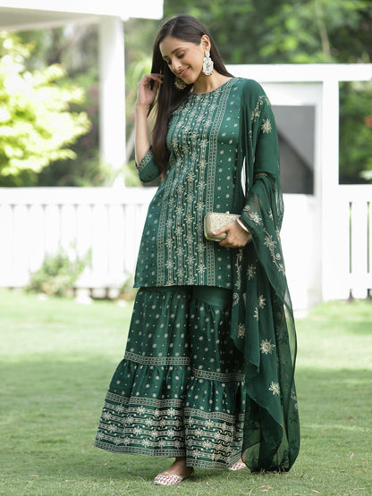 Green Mono Viscose Festive Wear Printed Straight Kurta Sharara Dupatta Set