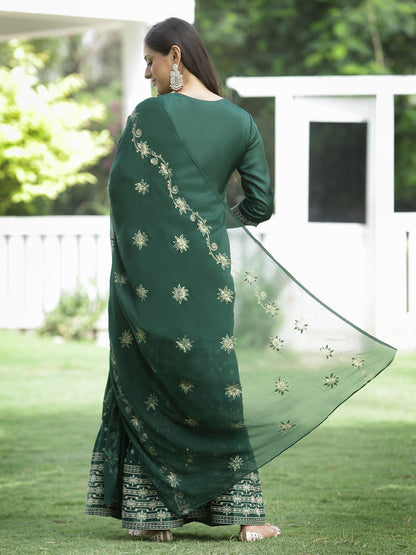 Green Mono Viscose Festive Wear Printed Straight Kurta Sharara Dupatta Set