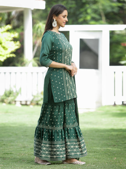 Green Mono Viscose Festive Wear Printed Straight Kurta Sharara Dupatta Set