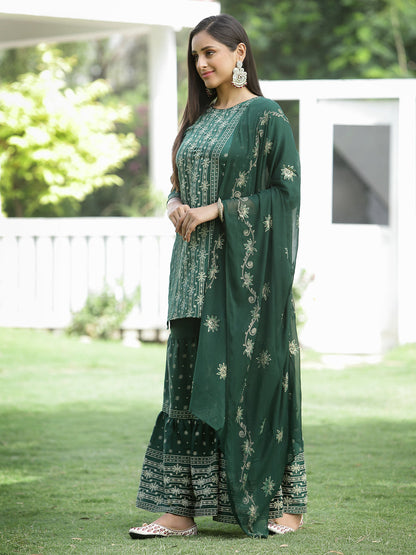 Green Mono Viscose Festive Wear Printed Straight Kurta Sharara Dupatta Set