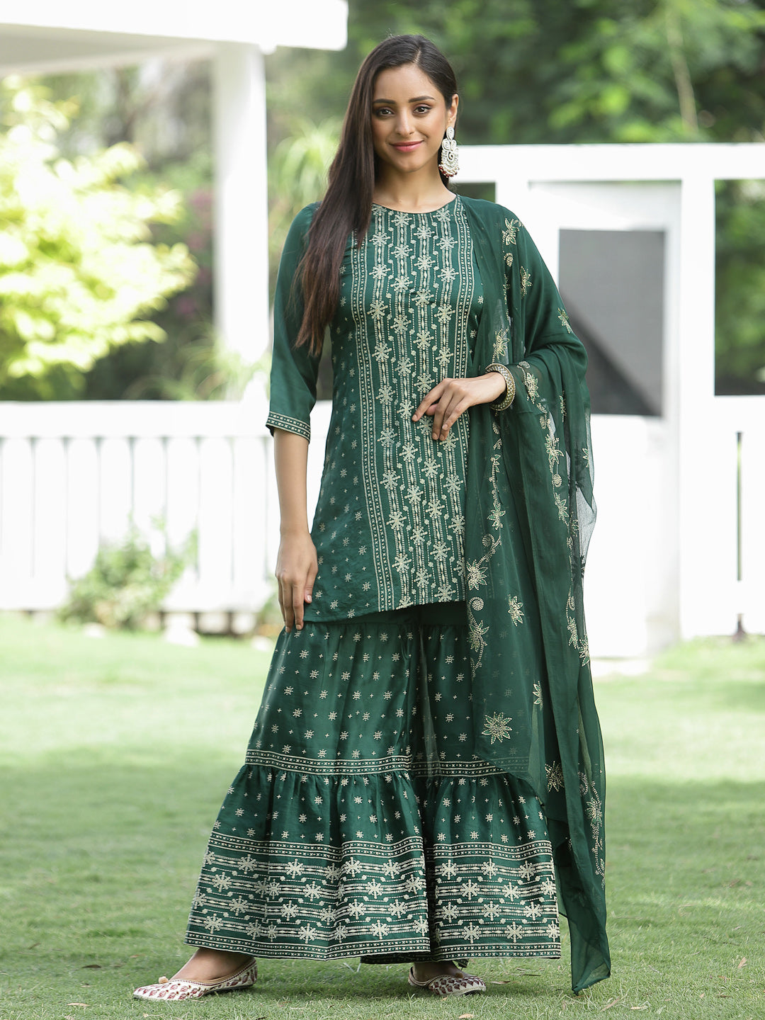 Green Mono Viscose Festive Wear Printed Straight Kurta Sharara Dupatta Set
