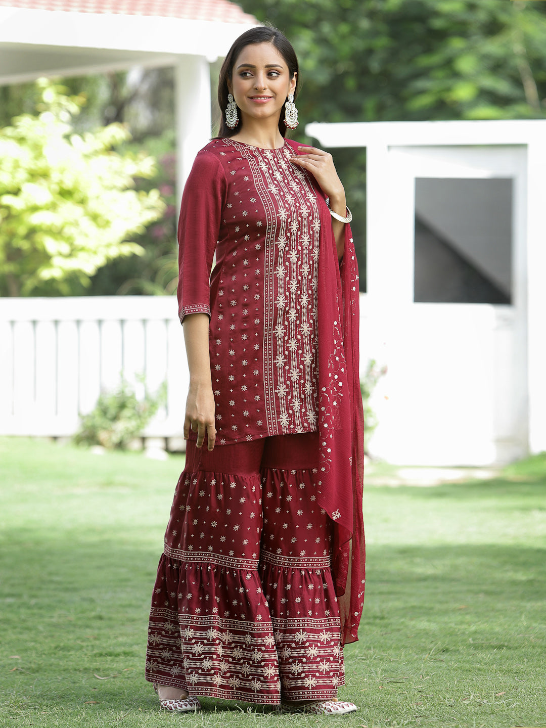 Maroon Mono Viscose Festive Wear Printed Straight Kurta Sharara Dupatta Set