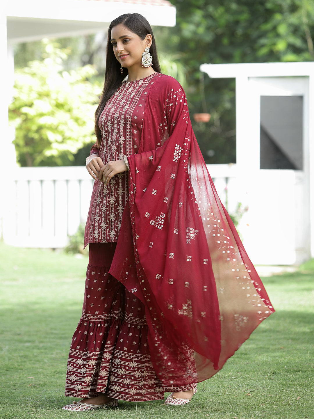 Maroon Mono Viscose Festive Wear Printed Straight Kurta Sharara Dupatta Set