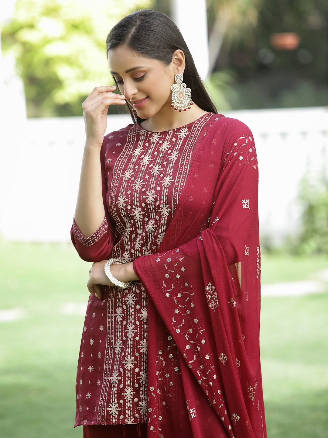 Maroon Mono Viscose Festive Wear Printed Straight Kurta Sharara Dupatta Set