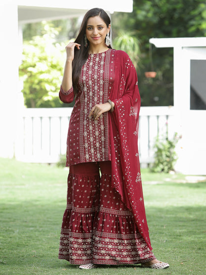 Maroon Mono Viscose Festive Wear Printed Straight Kurta Sharara Dupatta Set