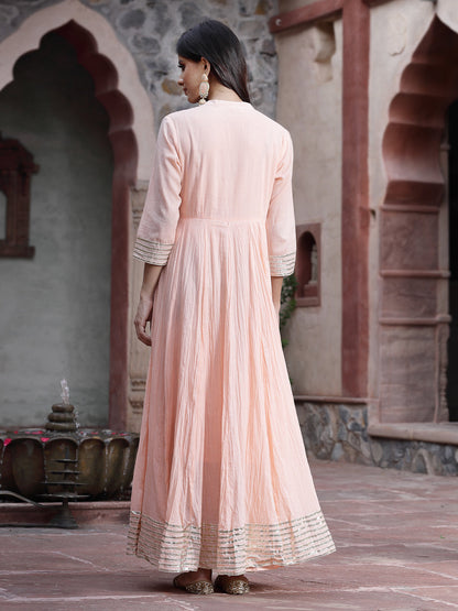 Peach Cotton Solid Flared Dress