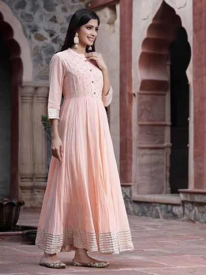 Peach Cotton Solid Flared Dress