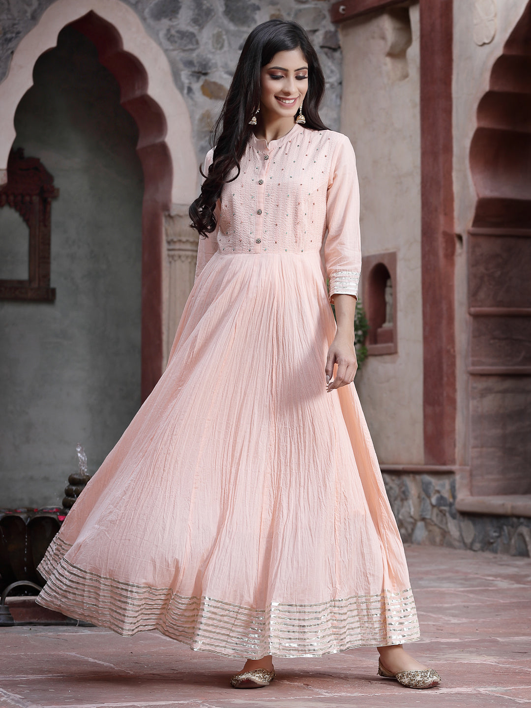 Peach Cotton Solid Flared Dress