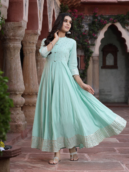 Sky Blue Cotton Solid Flared Dress