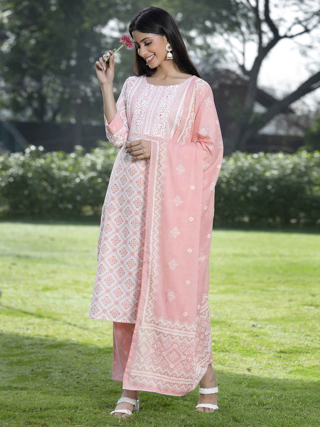 Peach Cotton Embroidered Straight Kurta Pant Dupatta Set