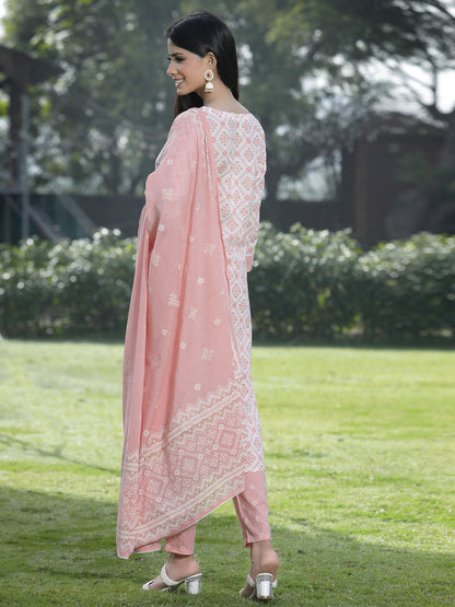Peach Cotton Embroidered Straight Kurta Pant Dupatta Set