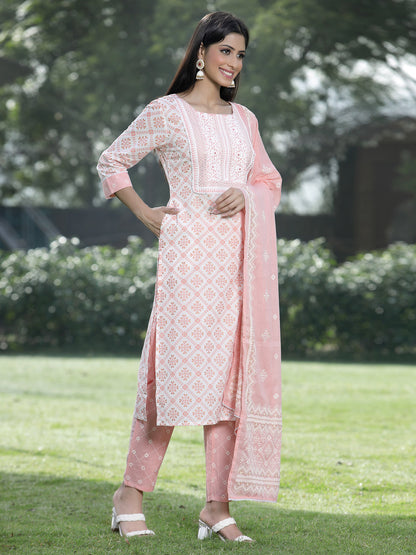 Peach Cotton Embroidered Straight Kurta Pant Dupatta Set