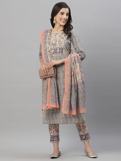 Grey Cotton Embroidered Straight Kurta Pant Dupatta Set
