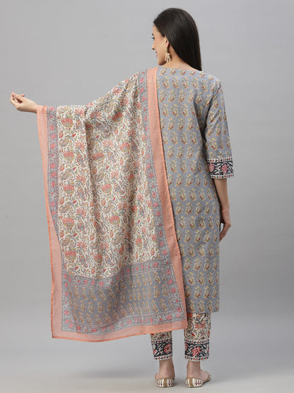 Grey Cotton Embroidered Straight Kurta Pant Dupatta Set