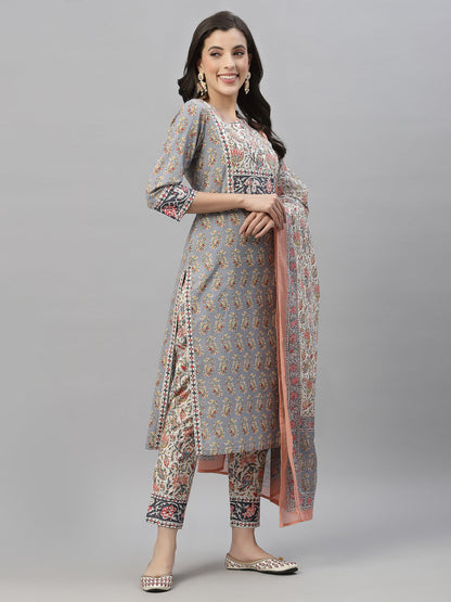 Grey Cotton Embroidered Straight Kurta Pant Dupatta Set