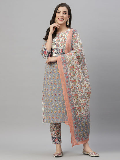 Grey Cotton Embroidered Straight Kurta Pant Dupatta Set