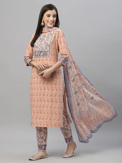 Peach Cotton Embroidered Straight Kurta Pant Dupatta Set