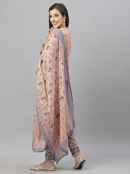 Peach Cotton Embroidered Straight Kurta Pant Dupatta Set