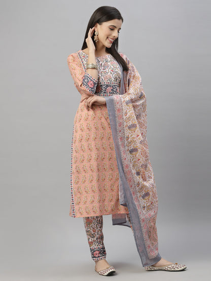 Peach Cotton Embroidered Straight Kurta Pant Dupatta Set