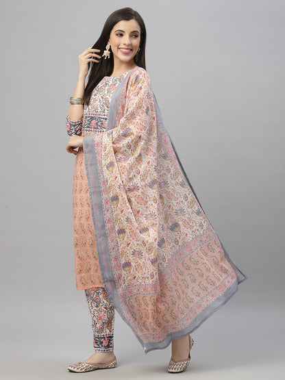 Peach Cotton Embroidered Straight Kurta Pant Dupatta Set