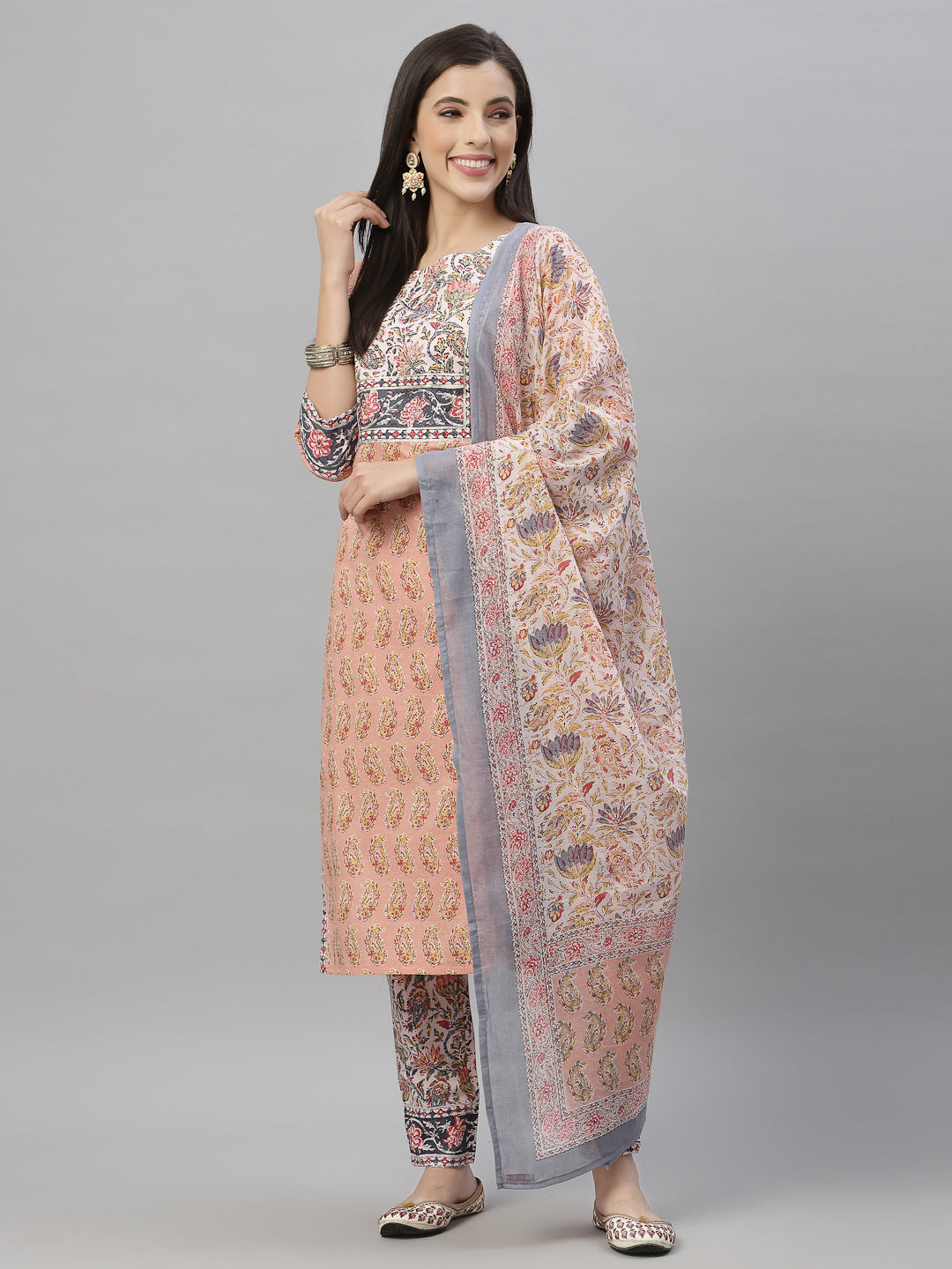 Peach Cotton Embroidered Straight Kurta Pant Dupatta Set