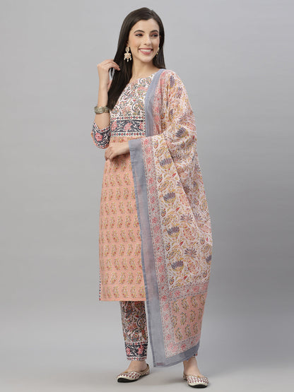 Peach Cotton Embroidered Straight Kurta Pant Dupatta Set