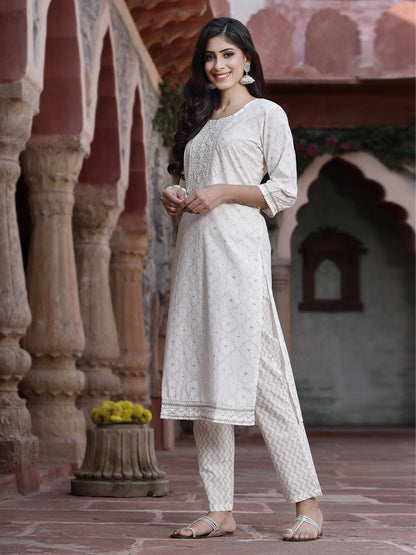 Off-White Cotton Embroidered Straight Kurta Pant Dupatta Set