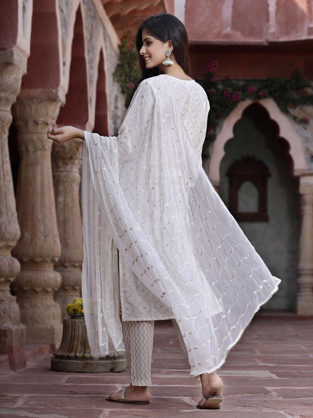 Off-White Cotton Embroidered Straight Kurta Pant Dupatta Set