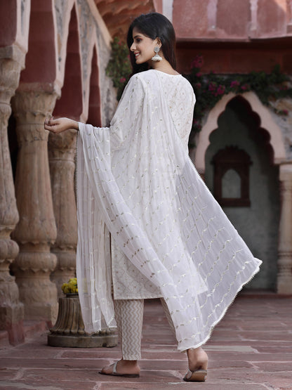 Off-White Cotton Embroidered Straight Kurta Pant Dupatta Set