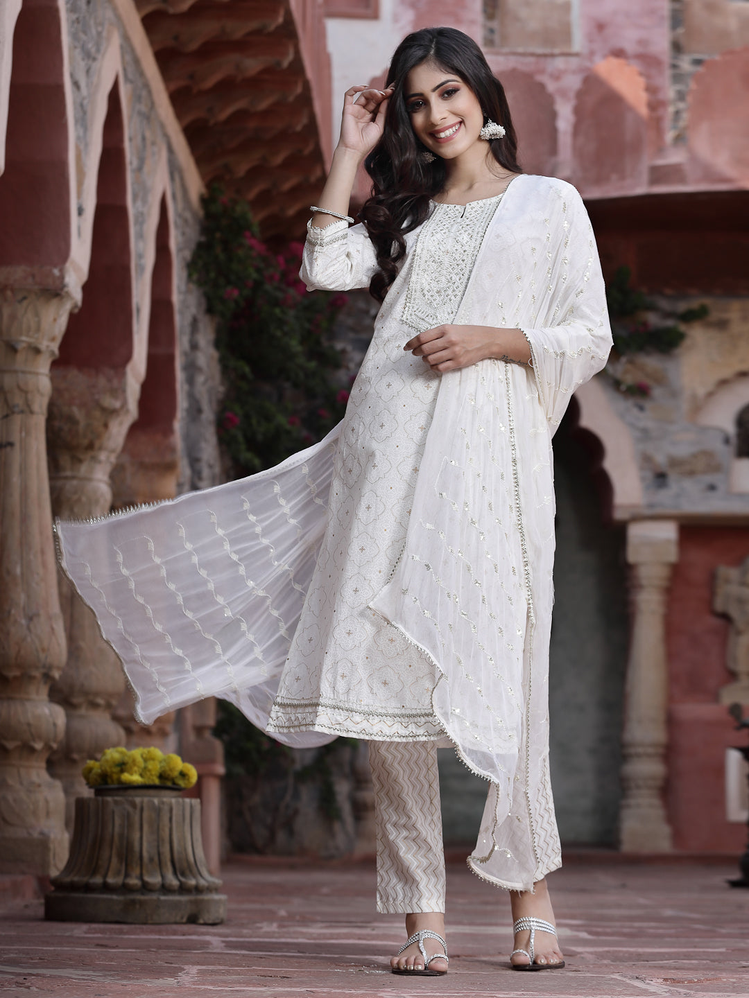 Off-White Cotton Embroidered Straight Kurta Pant Dupatta Set