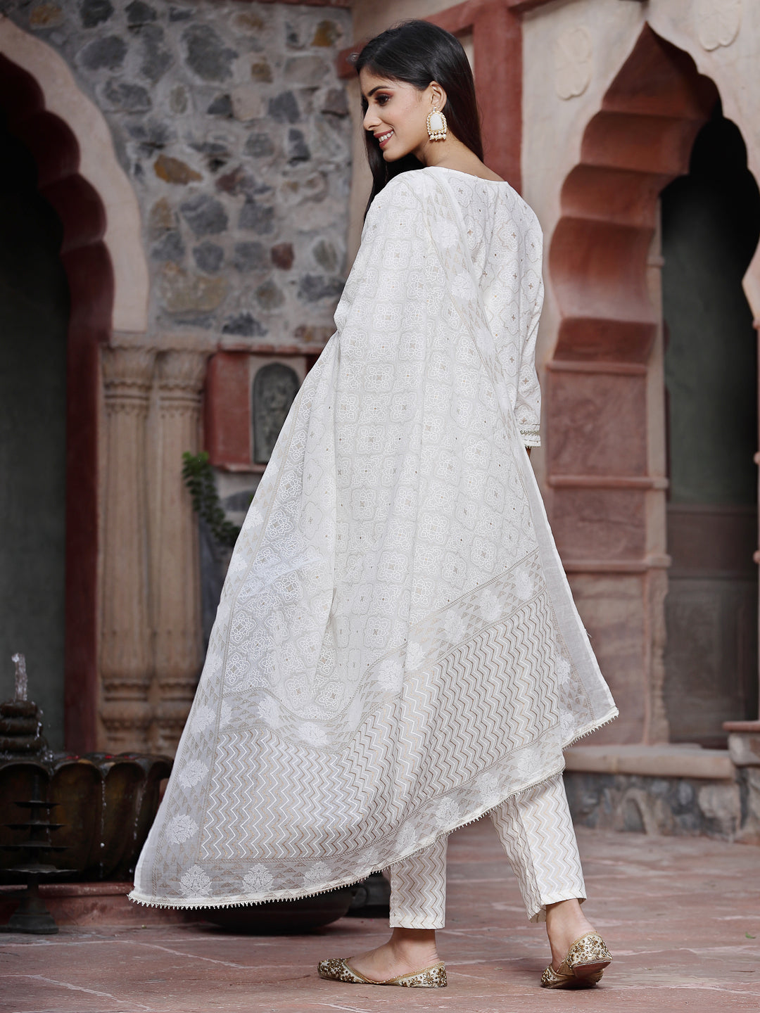 Off-White Cotton Embroidered Straight Kurta Pant Dupatta Set