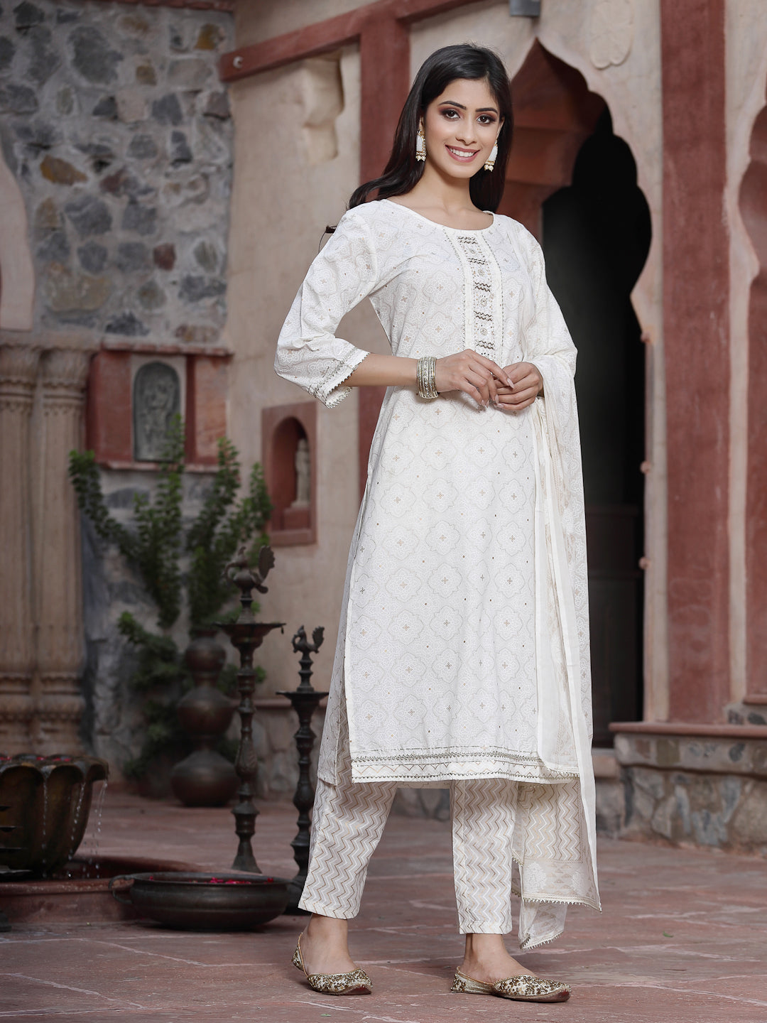 Off-White Cotton Embroidered Straight Kurta Pant Dupatta Set