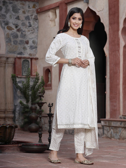 Off-White Cotton Embroidered Straight Kurta Pant Dupatta Set