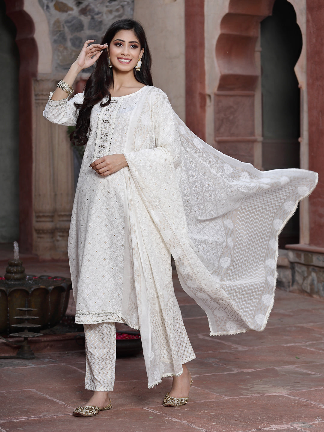 Off-White Cotton Embroidered Straight Kurta Pant Dupatta Set