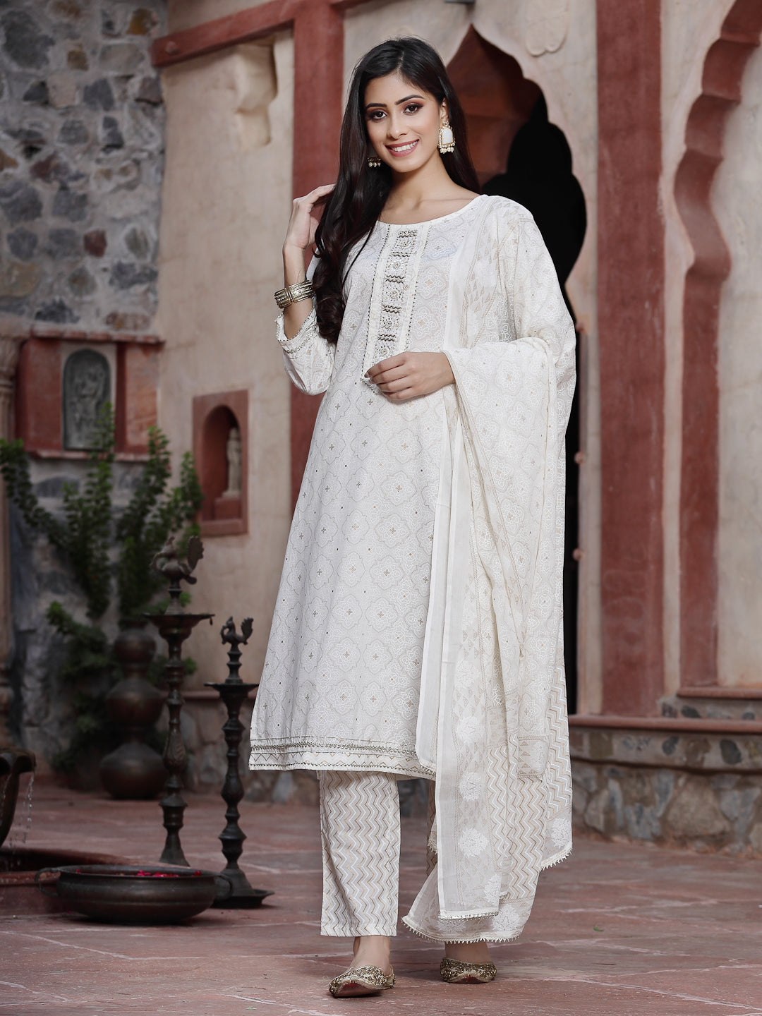 Off-White Cotton Embroidered Straight Kurta Pant Dupatta Set