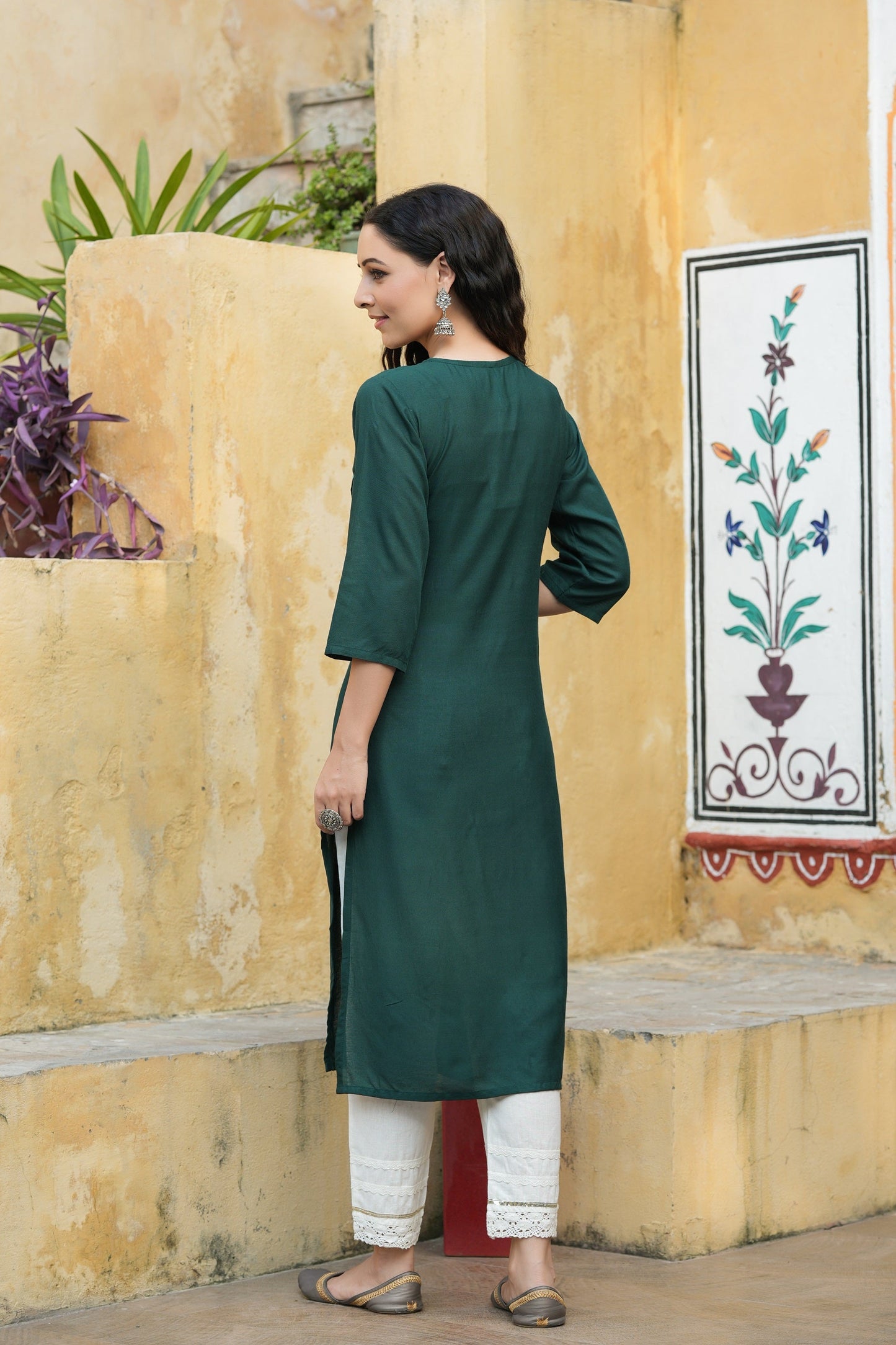Green Rayon Festive Wear Embroidered Straight Kurta