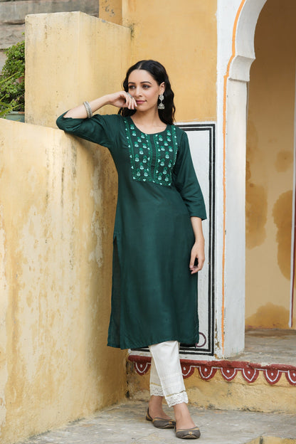 Green Rayon Festive Wear Embroidered Straight Kurta