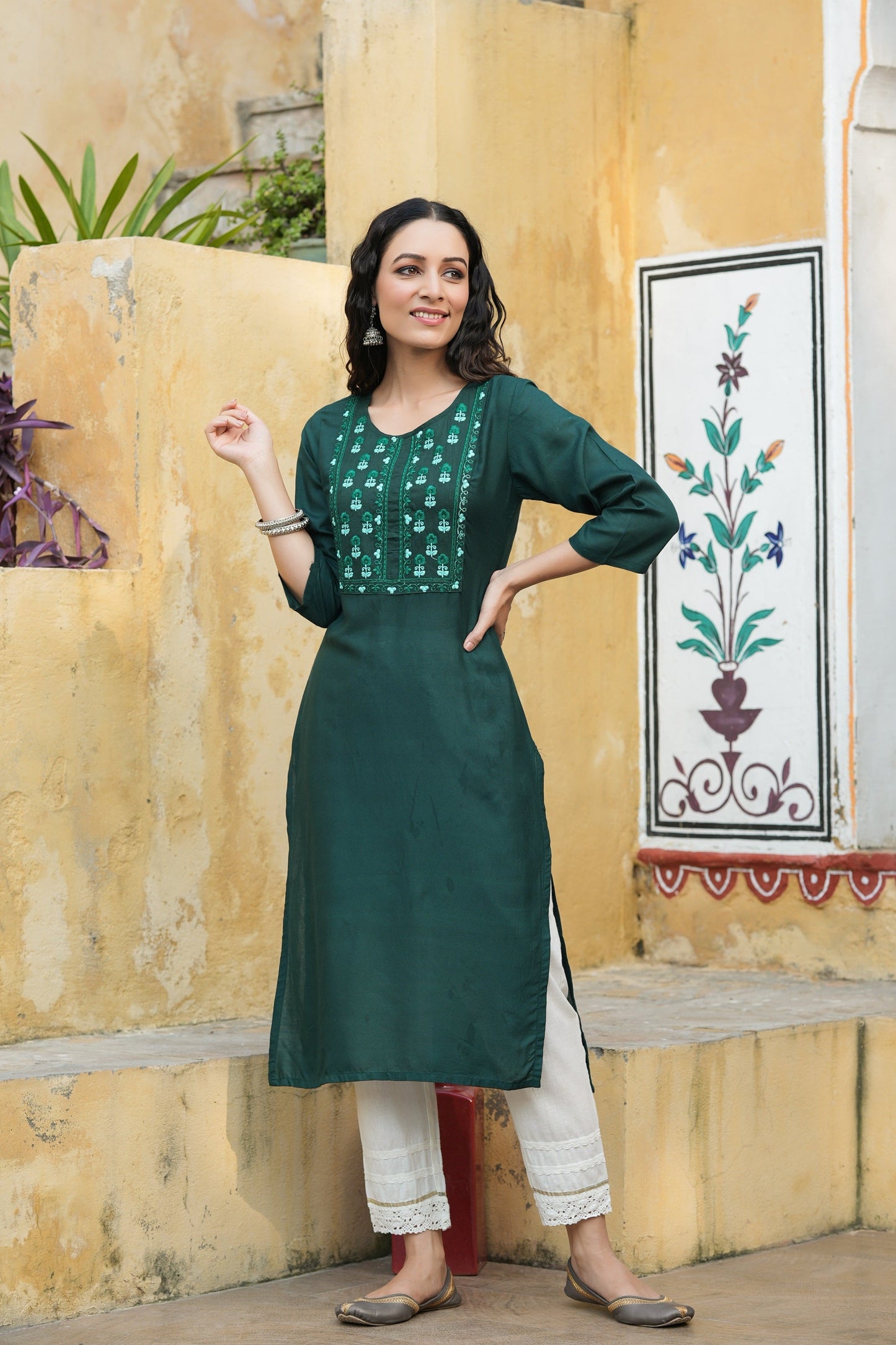 Green Rayon Festive Wear Embroidered Straight Kurta