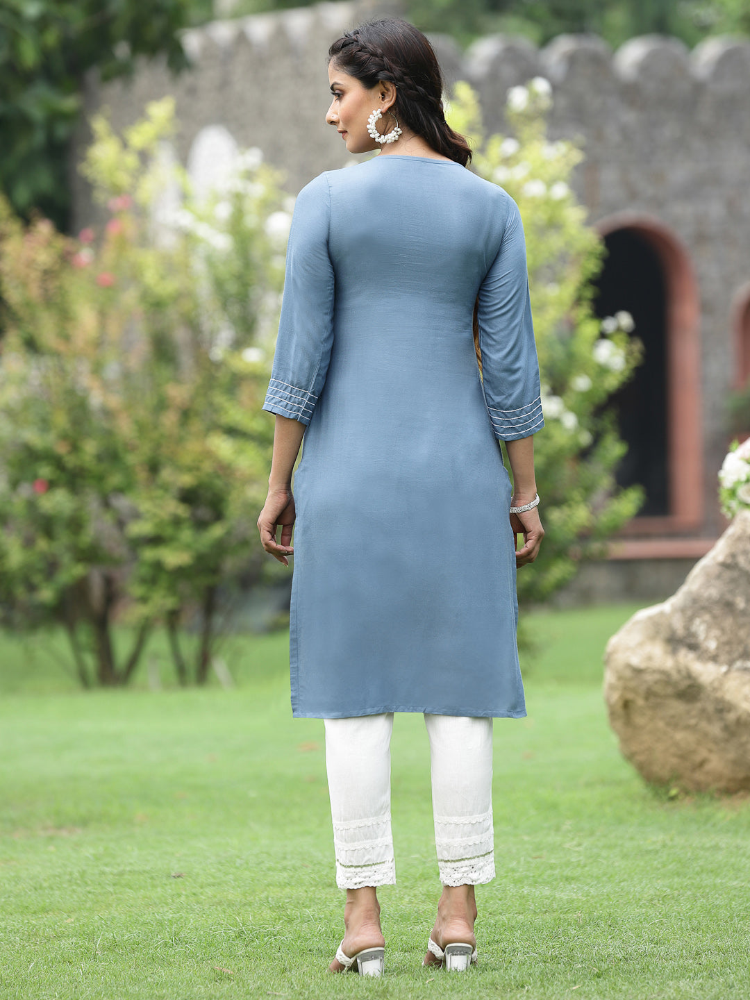 Grey Rayon Festive Wear Embroidered Straight Kurta