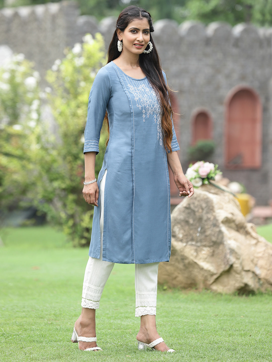 Grey Rayon Festive Wear Embroidered Straight Kurta