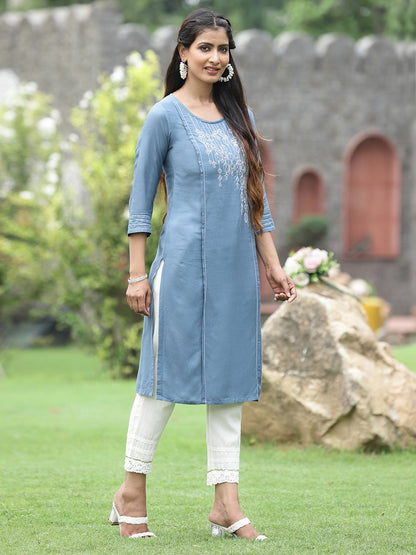 Grey Rayon Festive Wear Embroidered Straight Kurta