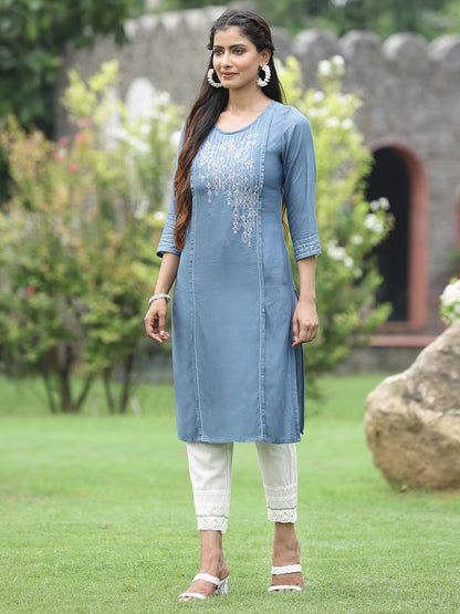 Grey Rayon Festive Wear Embroidered Straight Kurta