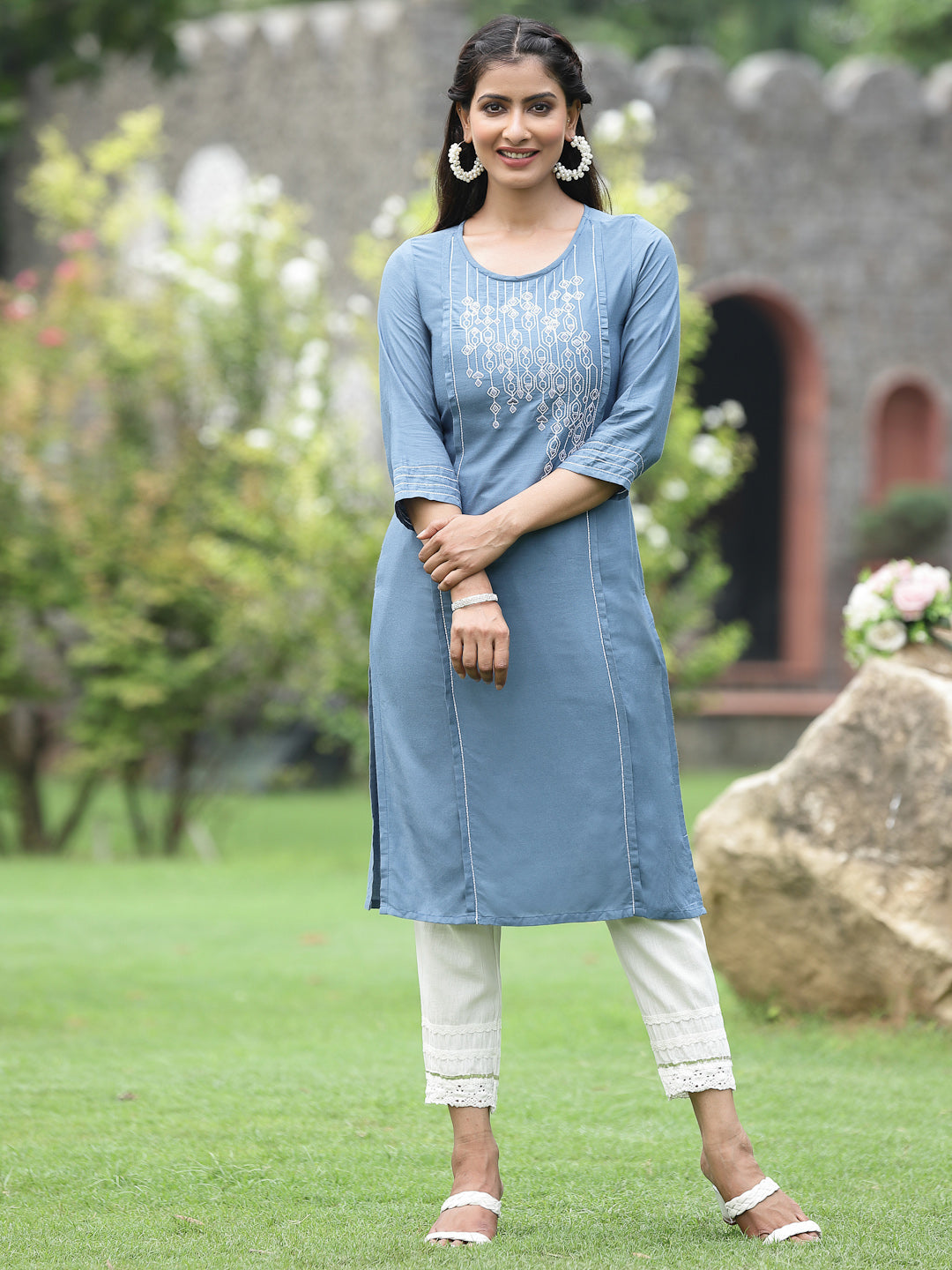 Grey Rayon Festive Wear Embroidered Straight Kurta