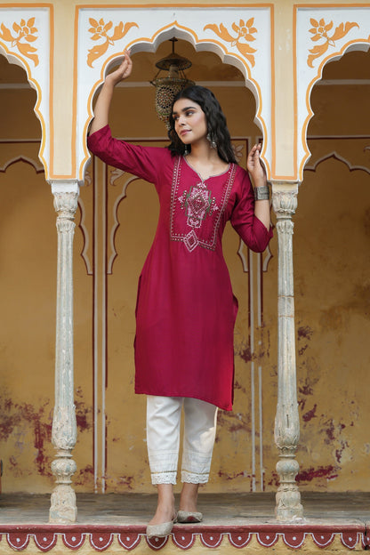 Maroon Rayon Festive Wear Embroidered Straight Kurta